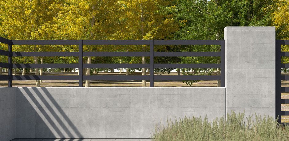 Valla Dlimity Horizon 150 aluminio. Valla abierta. Lamas y postes de aluminio gris. Separación entre lamas 150 mm. Valla para jardin, casa, finca, separacion de ambientes. 7 años de garantia. Fabricacion a medida, entrega en kit. 
