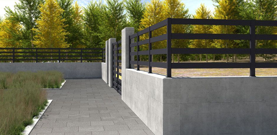 Valla Dlimity Horizon 150 aluminio. Valla abierta. Lamas y postes de aluminio gris. Separación entre lamas 150 mm. Valla para jardin, casa, finca, separacion de ambientes. 7 años de garantia. Fabricacion a medida, entrega en kit. 