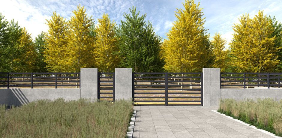 Valla Dlimity Horizon 150 aluminio. Valla abierta. Lamas y postes de aluminio gris. Separación entre lamas 150 mm. Valla para jardin, casa, finca, separacion de ambientes. 7 años de garantia. Fabricacion a medida, entrega en kit. Puerta peatonal y puerta para vehículos a juego.