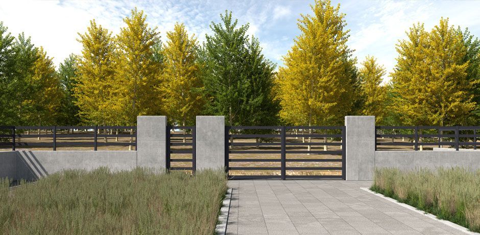 Valla Dlimity Horizon 200 aluminio. Valla abierta. Lamas y postes de aluminio gris. Separación entre lamas 200 mm. Valla para jardin, casa, finca, separacion de ambientes. 7 años de garantia. Fabricacion a medida, entrega en kit. Puerta peatonal y puerta para vehículos a juego.