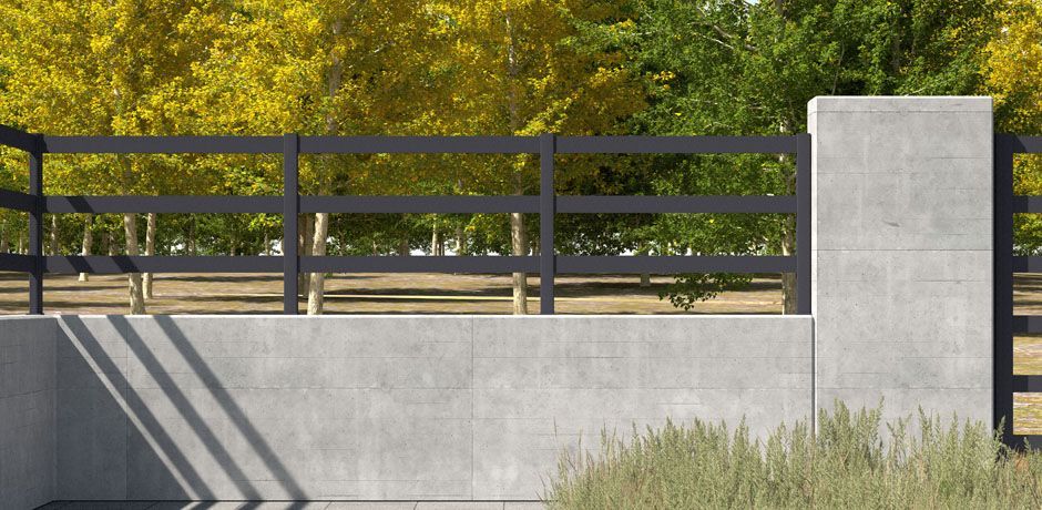 Valla Dlimity Horizon 250 aluminio. Valla abierta. Lamas y postes de aluminio gris. Separación entre lamas 250 mm. Valla para jardin, casa, finca, separacion de ambientes. 7 años de garantia. Fabricacion a medida, entrega en kit.