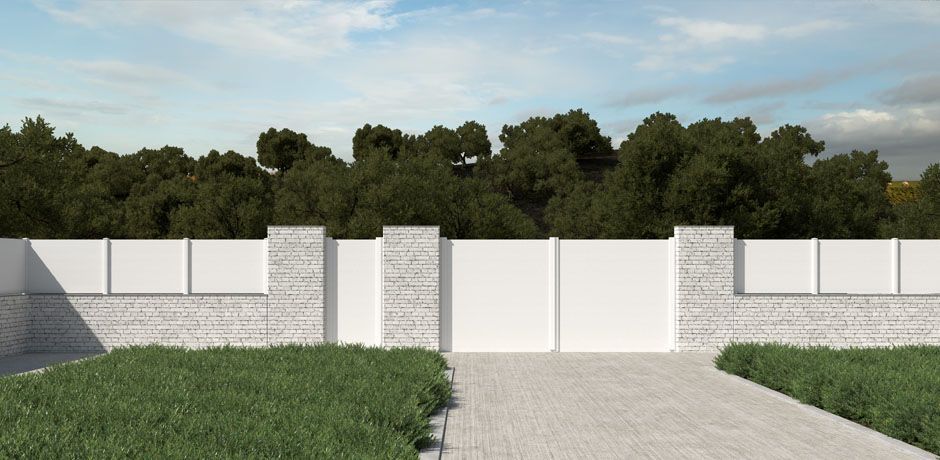 Valla PVC blanco Dlimity Initiale. Sin mantenimiento. Valla de ocultación total con lamas machihembradas.  Para jardin, casa, finca, separacion de ambientes. Lamas y postes de PVC. 20 años de garantia. Fabricacion a medida, entrega en kit. Puerta peatonal y puerta para vehículos a juego.