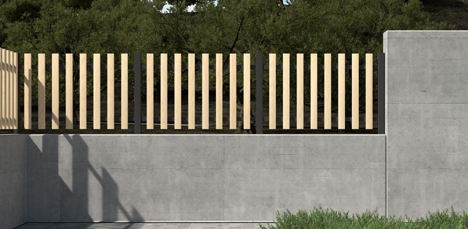 Valla Dlimity Meridien PVC marrón. Valla abierta. Postes de aluminio gris y lamas de PVC imitación madera marrón. Valla para jardin, casa, finca, piscina, separacion de ambientes. 7 años de garantia. Fabricacion a medida, entrega en kit.