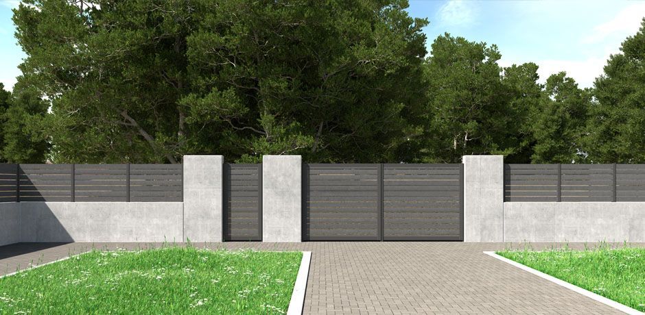 Valla Dlimity Nature 010. Sin mantenimiento. Valla con lamas de madera sintética (WPC) color antracita separadas 1 cm y postes de aluminio. Valla abierta para jardin, casa, finca, separacion de ambientes. 5 años de garantia. Fabricacion a medida, entrega en kit. Puerta peatonal y puerta para vehículos a juego.