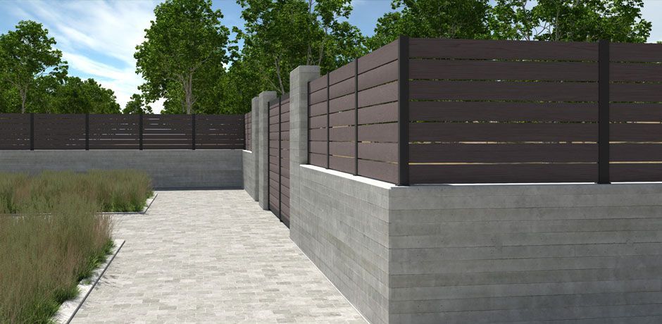 Valla Dlimity Nature 010. Sin mantenimiento. Valla con lamas de madera sintética (WPC) color Nogal separadas 1 cm y postes de aluminio. Valla abierta para jardin, casa, finca, separacion de ambientes. 5 años de garantia. Fabricacion a medida, entrega en kit.