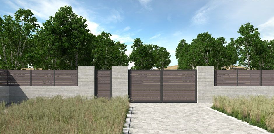 Valla Dlimity Nature 010. Sin mantenimiento. Valla con lamas de madera sintética (WPC) color Nogal separadas 1 cm y postes de aluminio. Valla abierta para jardin, casa, finca, separacion de ambientes. 5 años de garantia. Fabricacion a medida, entrega en kit. Puerta peatonal y puerta para vehículos a juego.