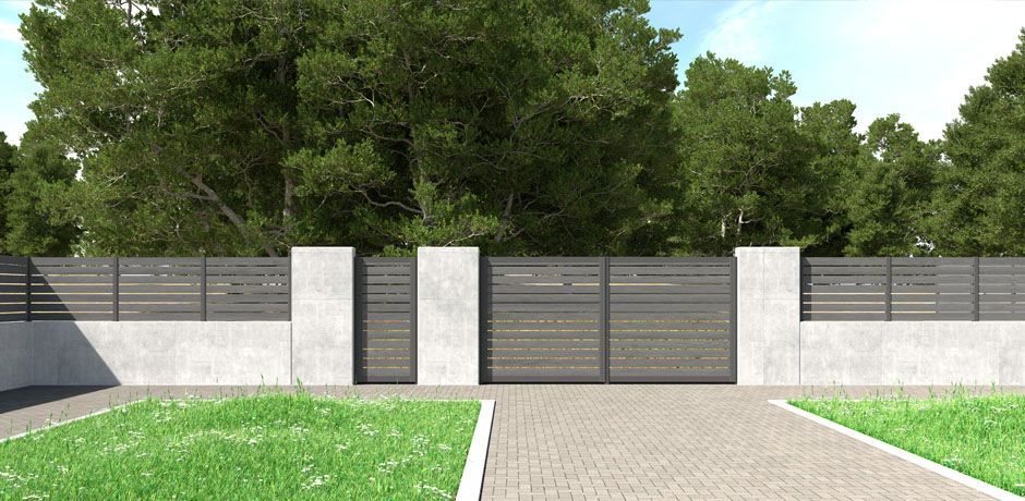 Valla Dlimity Nature 020. Sin mantenimiento. Valla con lamas de madera sintética (WPC) color antracita separadas 2 cm y postes de aluminio. Valla abierta para jardin, casa, finca, separacion de ambientes. 5 años de garantia. Fabricacion a medida, entrega en kit. Puerta peatonal y puerta para vehículos a juego.