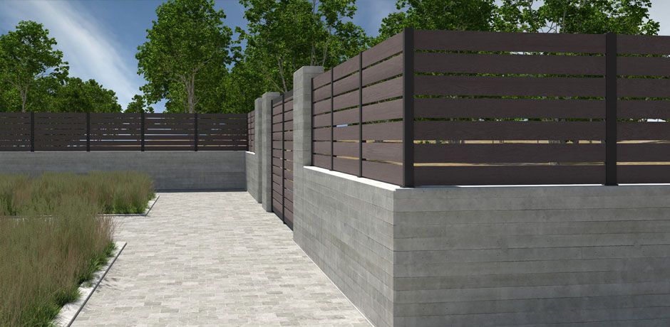 Valla Dlimity Nature 020. Sin mantenimiento. Valla con lamas de madera sintética (WPC) color Nogal separadas 2 cm y postes de aluminio. Valla abierta para jardin, casa, finca, separacion de ambientes. 5 años de garantia. Fabricacion a medida, entrega en kit.