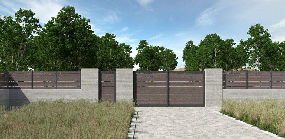 Valla Dlimity Nature 020. Sin mantenimiento. Valla con lamas de madera sintética (WPC) color Nogal separadas 2 cm y postes de aluminio. Valla abierta para jardin, casa, finca, separacion de ambientes. 5 años de garantia. Fabricacion a medida, entrega en kit. Puerta peatonal y puerta para vehículos a juego.