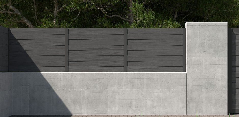 Valla Dlimity Nature Scala. Sin mantenimiento. Valla de ocultación con lamas de madera sintética (WPC) color antracita cruzadas y postes de aluminio. Valla abierta para jardin, casa, finca, separacion de ambientes. 5 años de garantia. Fabricacion a medida, entrega en kit.