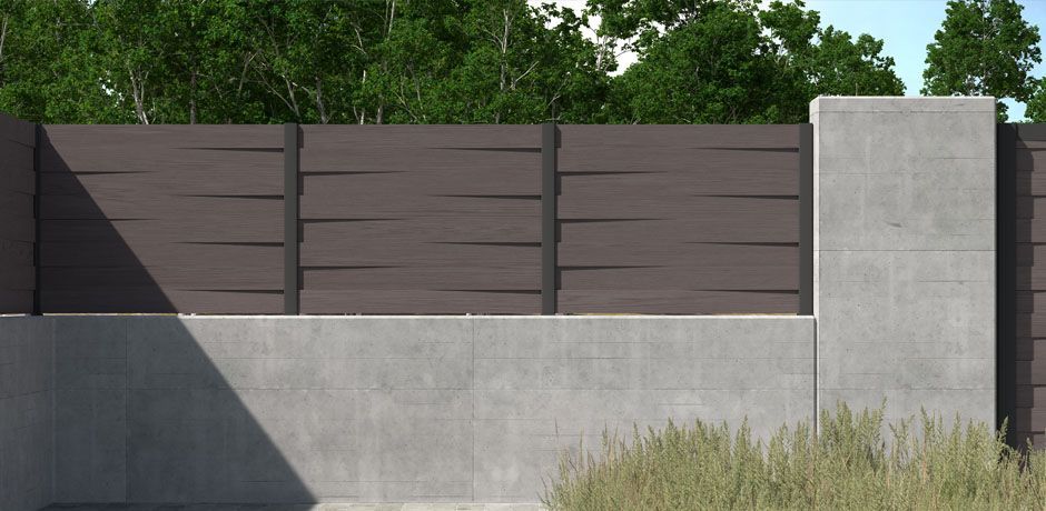 Valla Dlimity Nature Scala. Sin mantenimiento. Valla de ocultación con lamas de madera sintética (WPC) color Nogal cruzadas y postes de aluminio. Valla abierta para jardin, casa, finca, separacion de ambientes. 5 años de garantia. Fabricacion a medida, entrega en kit.