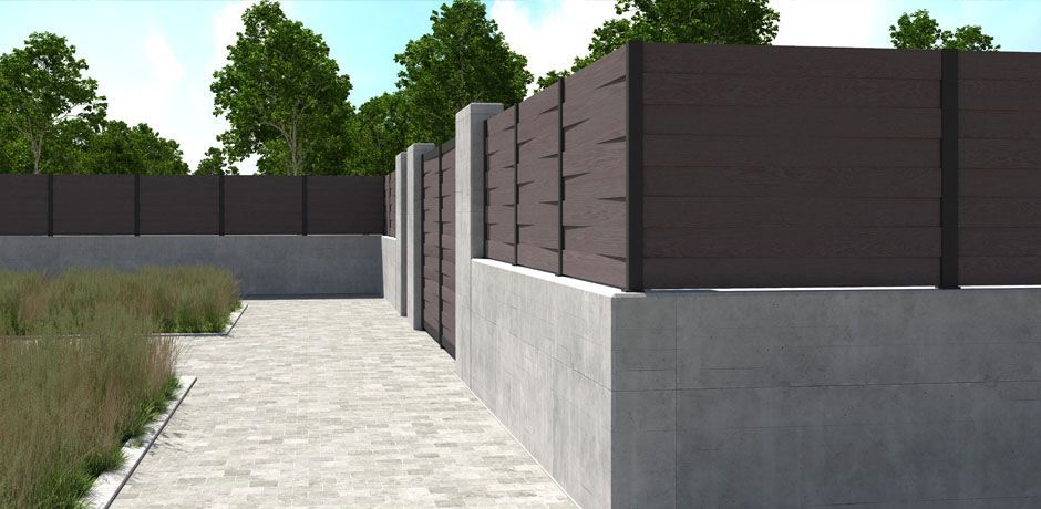 Valla Dlimity Nature Scala. Sin mantenimiento. Valla de ocultación con lamas de madera sintética (WPC) color Nogal cruzadas y postes de aluminio. Valla abierta para jardin, casa, finca, separacion de ambientes. 5 años de garantia. Fabricacion a medida, entrega en kit.