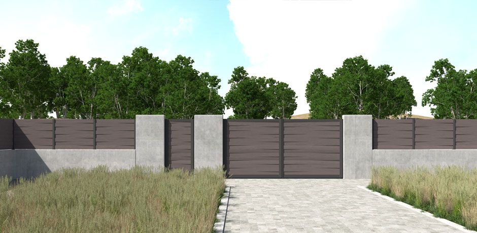 Valla Dlimity Nature Scala. Sin mantenimiento. Valla de ocultación con lamas de madera sintética (WPC) color antracita cruzadas y postes de aluminio. Valla abierta para jardin, casa, finca, separacion de ambientes. 5 años de garantia. Fabricacion a medida, entrega en kit. Puerta peatonal y puerta para vehículos a juego.