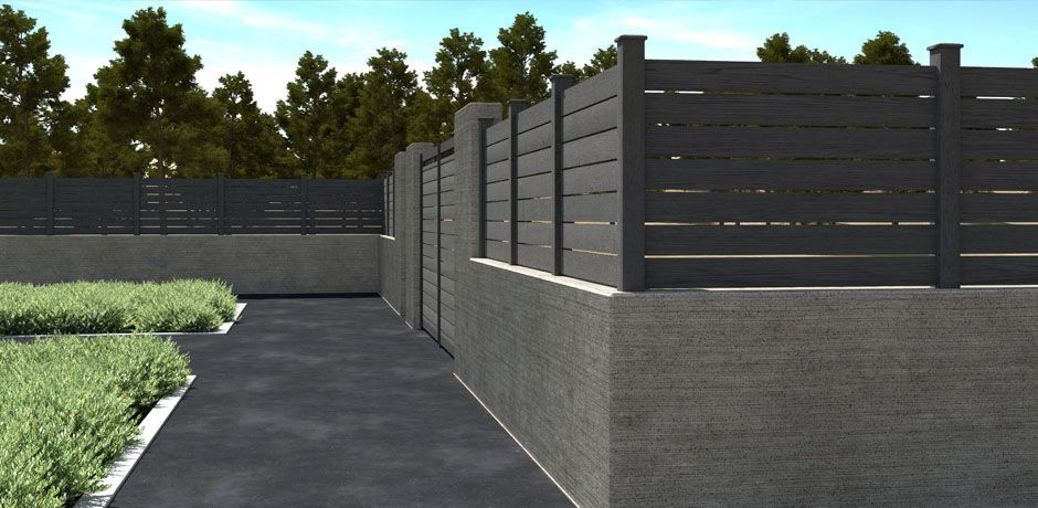 Valla Dlimity Nature Xtra 010. Sin mantenimiento. Valla abierta con lamas y postes de madera sintética (WPC) color antracita. Lamas separadas 10 mm. Valla abierta para jardin, casa, finca, separacion de ambientes. 5 años de garantia. Fabricacion a medida, entrega en kit.