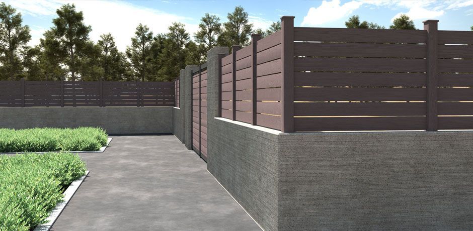 Valla Dlimity Nature Xtra 010. Sin mantenimiento. Valla abierta con lamas y postes de madera sintética (WPC) color Nogal. Lamas separadas 10 mm. Valla abierta para jardin, casa, finca, separacion de ambientes. 5 años de garantia. Fabricacion a medida, entrega en kit.