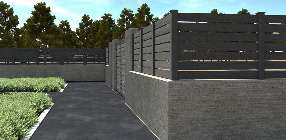 Valla Dlimity Nature Xtra 020. Sin mantenimiento. Valla abierta con lamas y postes de madera sintética (WPC) color antracita. Lamas separadas 20 mm. Valla abierta para jardin, casa, finca, separacion de ambientes. 5 años de garantia. Fabricacion a medida, entrega en kit.