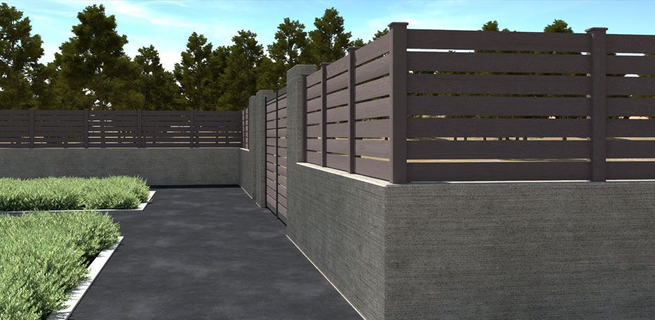 Valla Dlimity Nature Xtra 020. Sin mantenimiento. Valla abierta con lamas y postes de madera sintética (WPC) color Nogal. Lamas separadas 20 mm. Valla abierta para jardin, casa, finca, separacion de ambientes. 5 años de garantia. Fabricacion a medida, entrega en kit.
