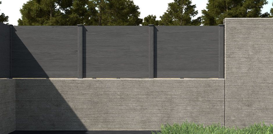 Valla Dlimity Nature Xtra Zero. Sin mantenimiento. Valla de ocultación con lamas y postes de madera sintética (WPC) color antracita. Valla abierta para jardin, casa, finca, separacion de ambientes. 5 años de garantia. Fabricacion a medida, entrega en kit.