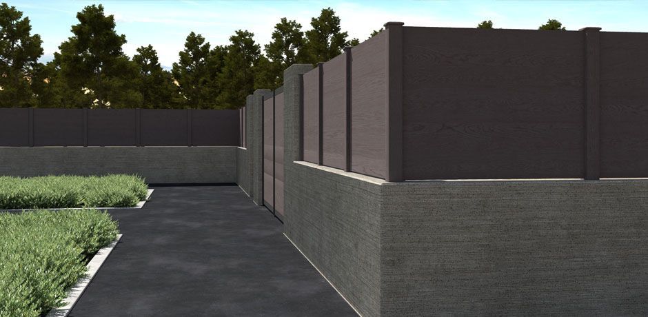 Valla Dlimity Nature Xtra Zero. Sin mantenimiento. Valla de ocultación con lamas y postes de madera sintética (WPC) color Nogal. Valla abierta para jardin, casa, finca, separacion de ambientes. 5 años de garantia. Fabricacion a medida, entrega en kit.