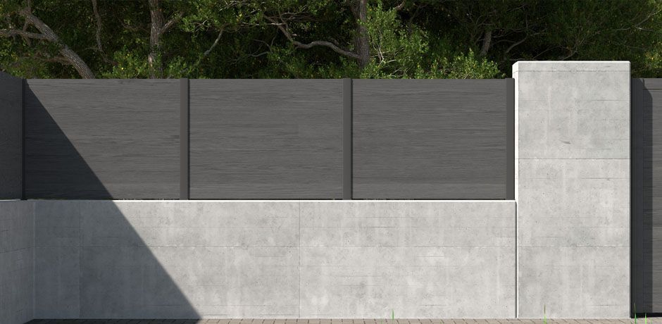 Valla Dlimity Nature Zero. Sin mantenimiento. Valla de ocultación con lamas de madera sintética (WPC) color antracita y postes de aluminio. Valla abierta para jardin, casa, finca, separacion de ambientes. 5 años de garantia. Fabricacion a medida, entrega en kit.