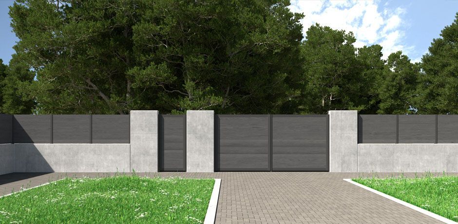 Valla Dlimity Nature Zero. Sin mantenimiento. Valla de ocultación con lamas de madera sintética (WPC) color antracita y postes de aluminio. Valla abierta para jardin, casa, finca, separacion de ambientes. 5 años de garantia. Fabricacion a medida, entrega en kit. Puerta peatonal y puerta para vehículos a juego.