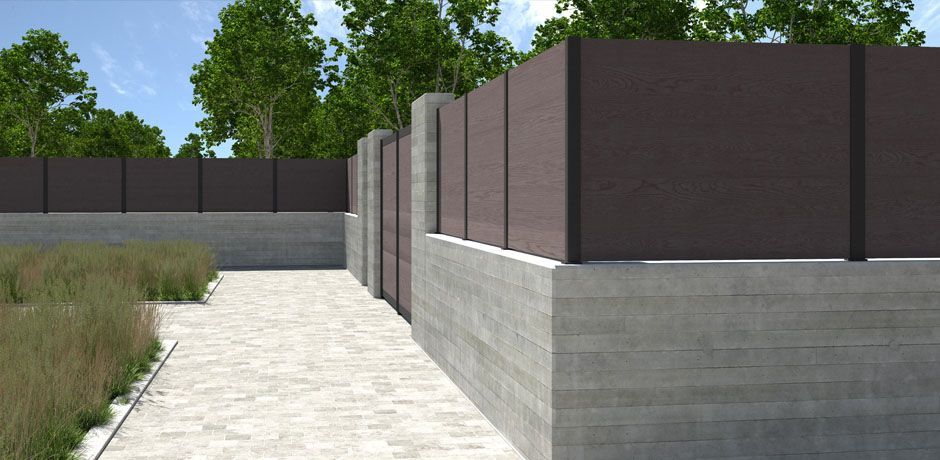 Valla Dlimity Nature Zero. Sin mantenimiento. Valla de ocultación con lamas de madera sintética (WPC) color Nogal y postes de aluminio. Valla abierta para jardin, casa, finca, separacion de ambientes. 5 años de garantia. Fabricacion a medida, entrega en kit.