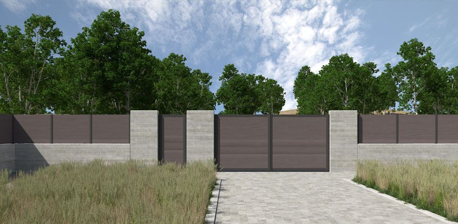 Valla Dlimity Nature Zero. Sin mantenimiento. Valla de ocultación con lamas de madera sintética (WPC) color Nogal y postes de aluminio. Valla abierta para jardin, casa, finca, separacion de ambientes. 5 años de garantia. Fabricacion a medida, entrega en kit. Puerta peatonal y puerta para vehículos a juego.