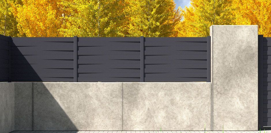 Valla Dlimity Scala Cross aluminio. Valla de ocultación con lamas cruzadas. Lamas y postes de aluminio gris. Valla para jardin, casa, finca, separacion de ambientes. 7 años de garantia. Fabricacion a medida, entrega en kit.