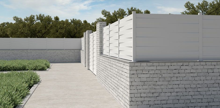 Valla Dlimity Scala Cross PVC blanco. Valla de ocultación. Postes de aluminio blanco y lamas de PVC blanco cruzadas. Valla para jardin, casa, finca, separacion de ambientes. 20 años de garantia. Fabricacion a medida, entrega en kit.