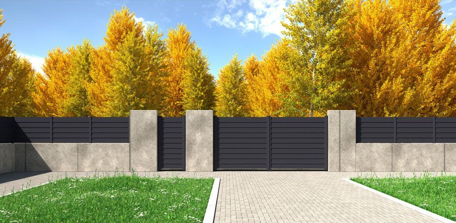 Valla Dlimity Scala aluminio. Valla de ocultación con lamas alternadas. Lamas y postes de aluminio gris. Valla para jardin, casa, finca, separacion de ambientes. 7 años de garantia. Fabricacion a medida, entrega en kit. Puerta peatonal y puerta para vehículos a juego.