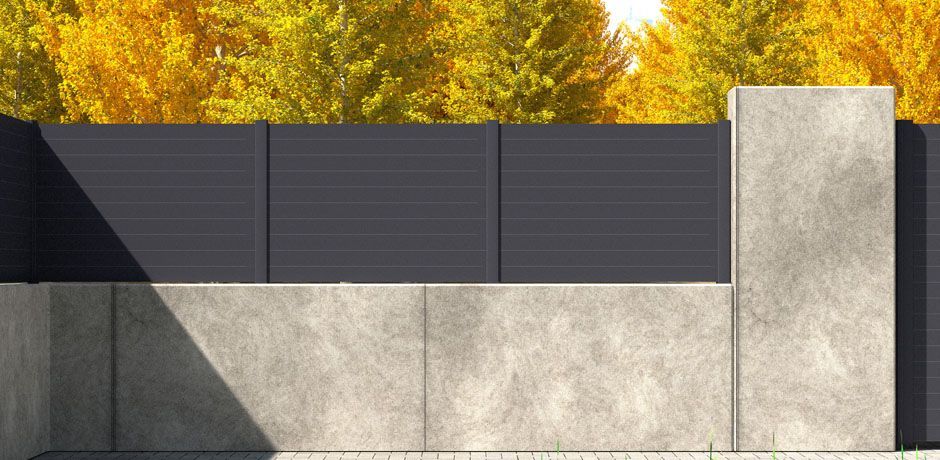 Valla Dlimity Sunset aluminio. Valla de ocultación. Lamas y postes de aluminio gris. Valla para jardin, casa, finca, separacion de ambientes. 7 años de garantia. Fabricacion a medida, entrega en kit.