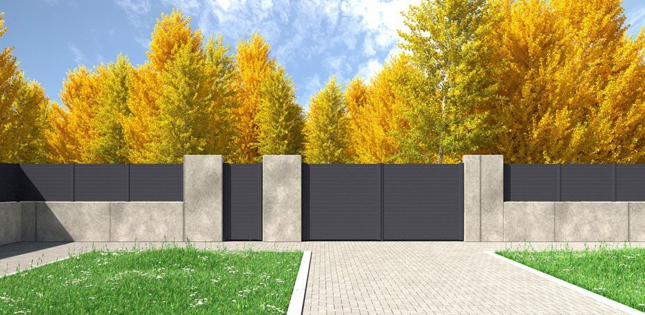 Valla Dlimity Sunset aluminio. Valla de ocultación. Lamas y postes de aluminio gris. Valla para jardin, casa, finca, separacion de ambientes. 7 años de garantia. Fabricacion a medida, entrega en kit. Puerta peatonal y puerta para vehículos a juego.