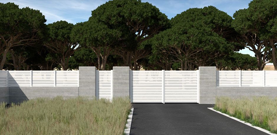 Valla PVC blanco Dlimity Zeus. Sin mantenimiento. Valla abierta para jardin, casa, finca, separacion de ambientes. Lamas y postes de PVC. 20 años de garantia. Fabricacion a medida, entrega en kit. Puerta peatonal y puerta para vehículos a juego.
