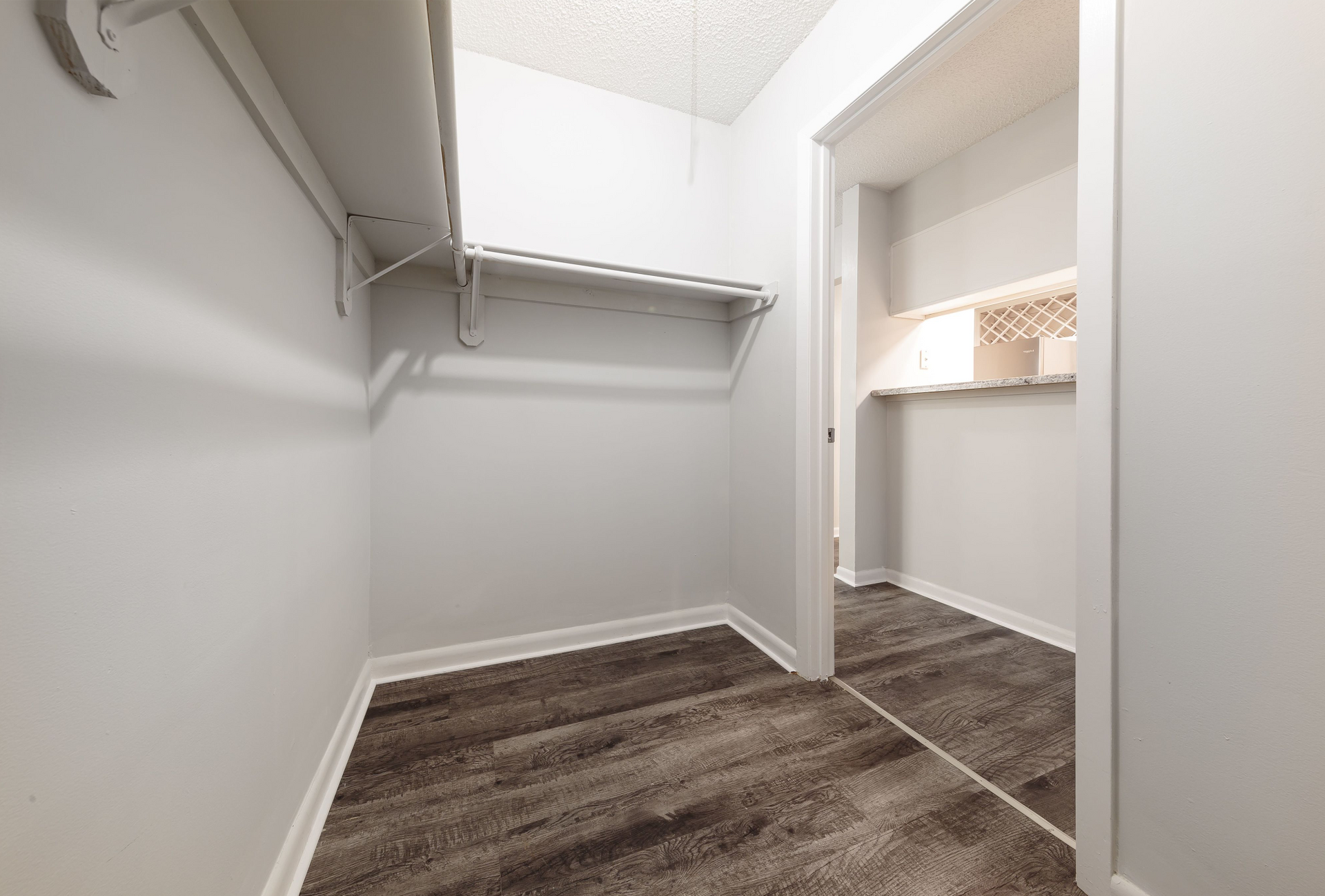 Walk-in closet with a hanging rod, shelf, and wood-style flooring.