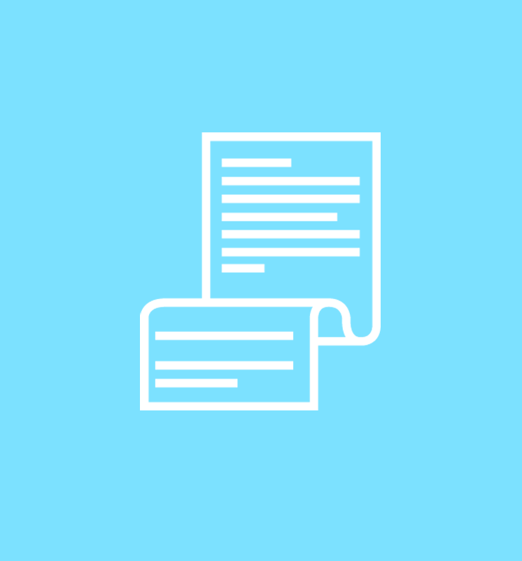 A white line-art icon of two stacked, curled document pages on a light blue background.