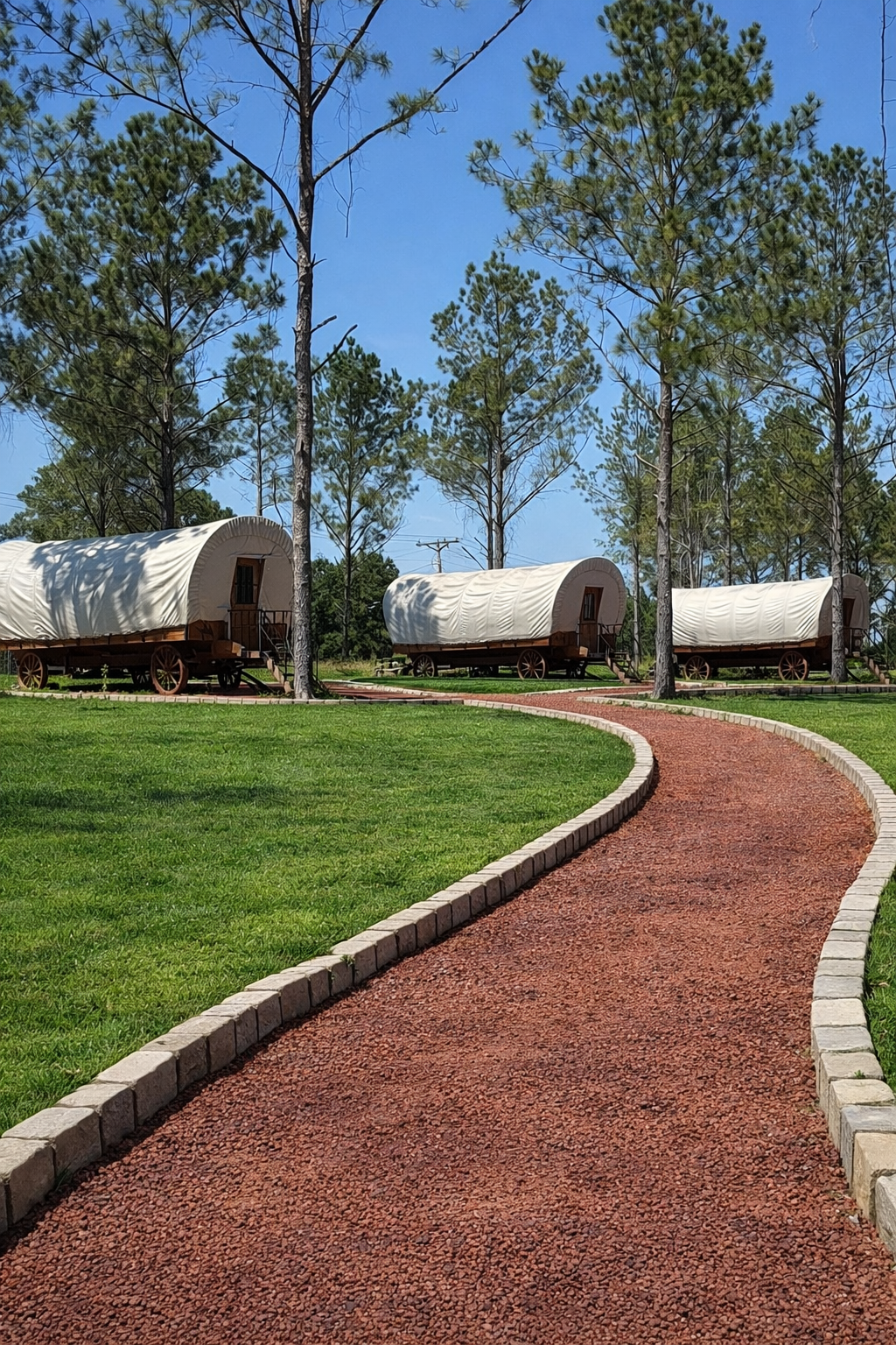 Three Conestoga wagons at Clay Cosmos on a green lawn beside a red gravel path, surrounded by tall pine trees in Georgia.