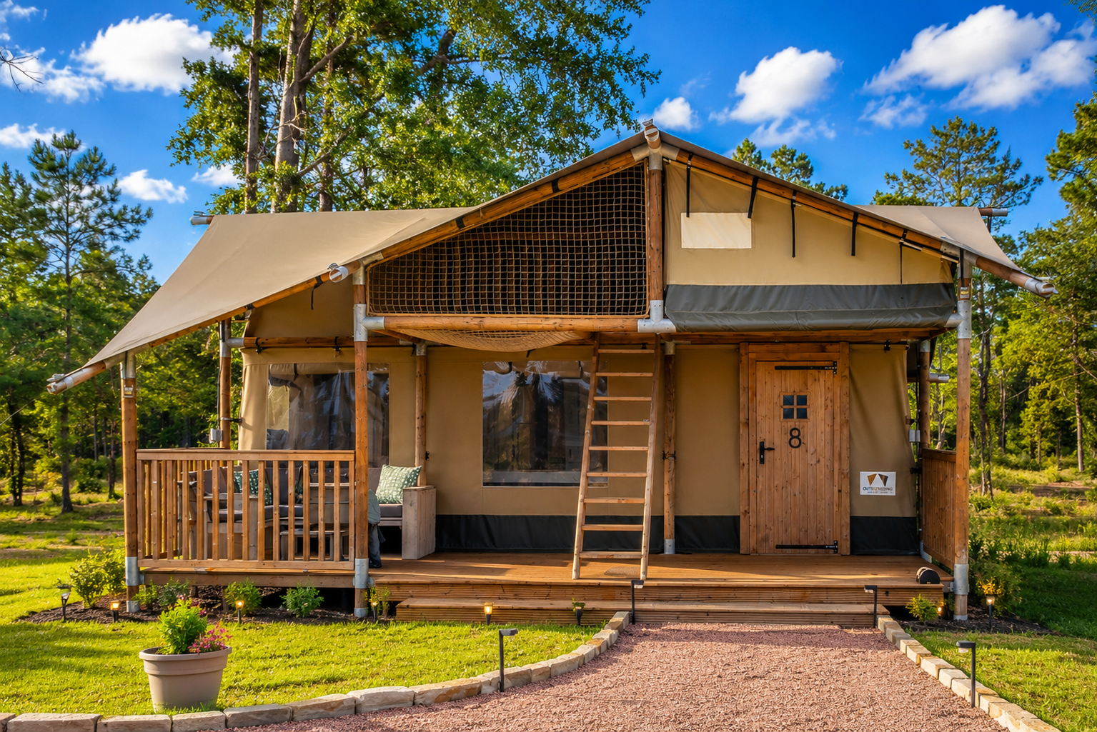 Exterior photo of Canvas Cabin that sleeps 6 with a ladder leading to a hammock lounge and a lofted bedroom at Clay Cosmos