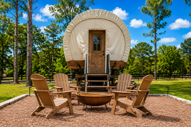 A Conestoga covered wagon with a firepit and four chairs sitting around it at Clay Cosmos glamping resort.