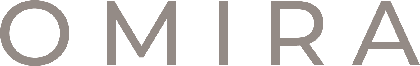 OMIRA logo in light gray and beige, with stylized letters on a white background