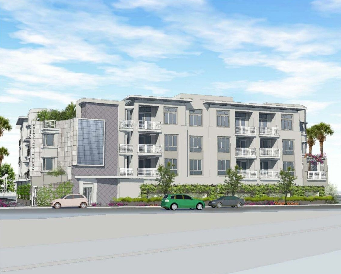 Concept rendering of the building, showing three stories and the building being on a corner