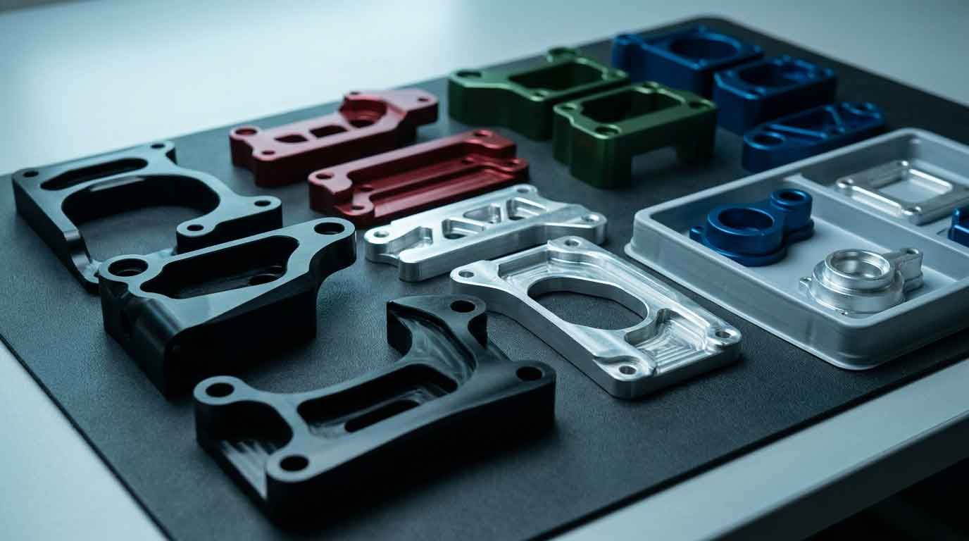 Machined aluminum parts in black, clear, red, green and blue anodized finishes, staged on a work surface before packing
