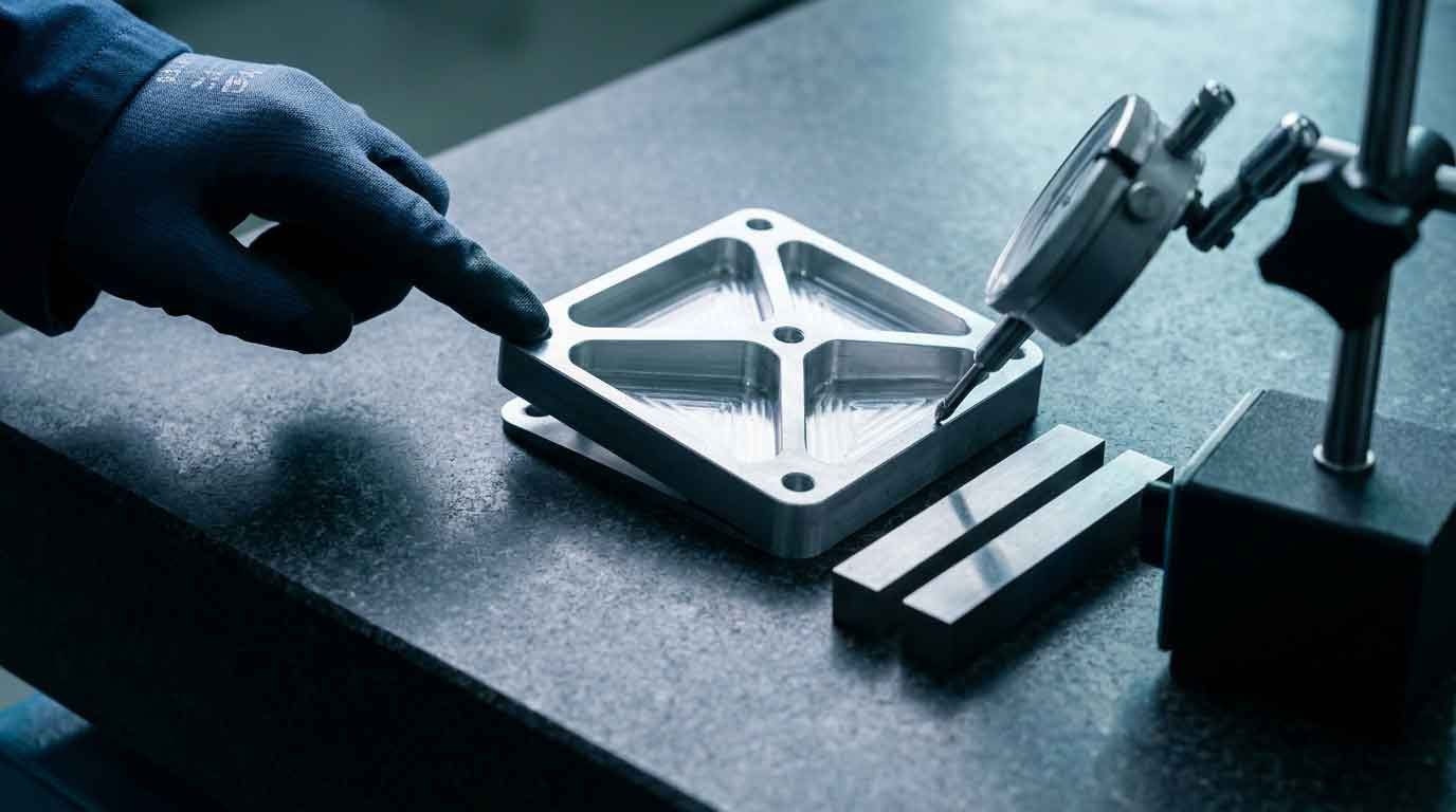 A thin walled pocketed aluminum aerospace part resting on a granite surface plate with one corner st