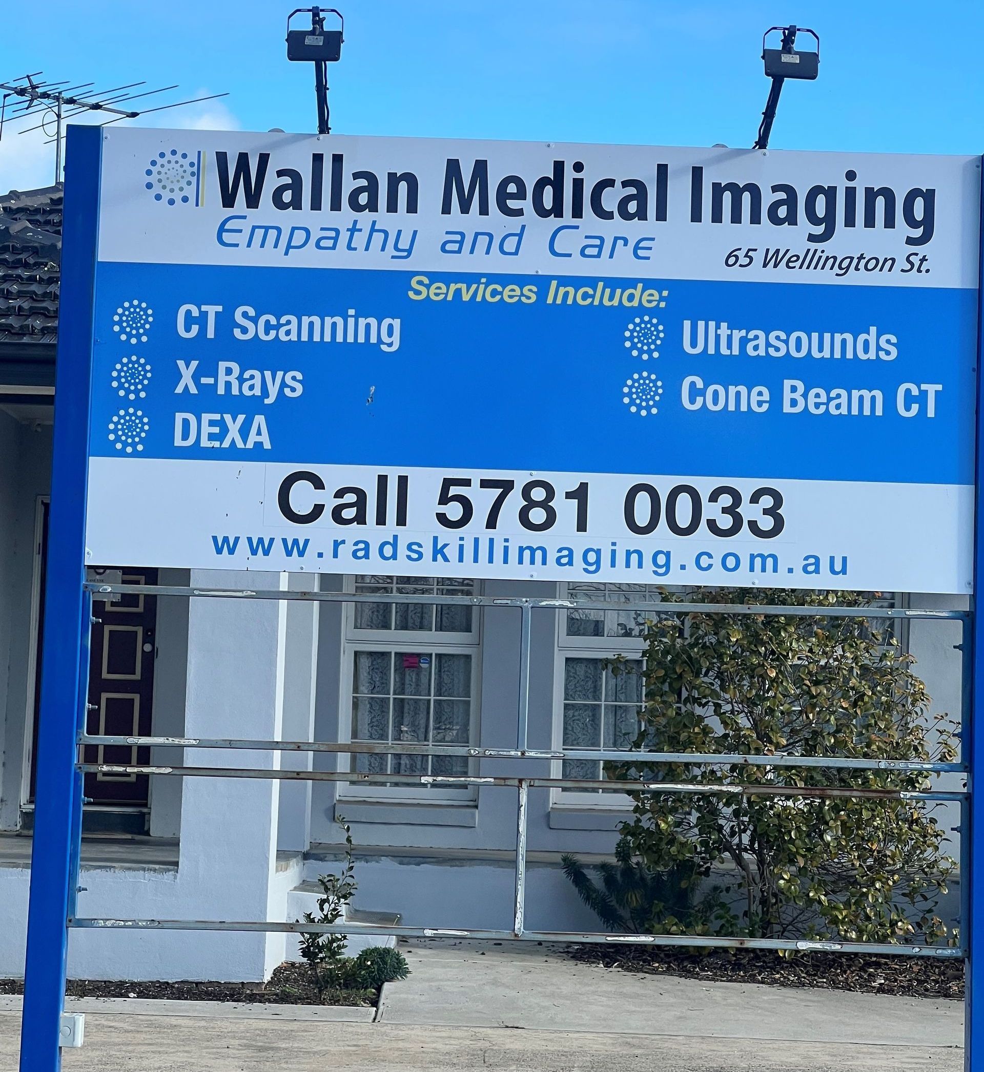 Sign for Wallan Medical Imaging, lists services like CT, X-rays, ultrasounds, and more