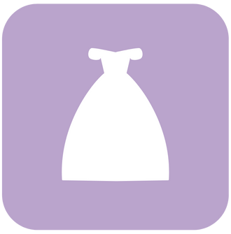 White bridal gown silhouette on a lavender square.
