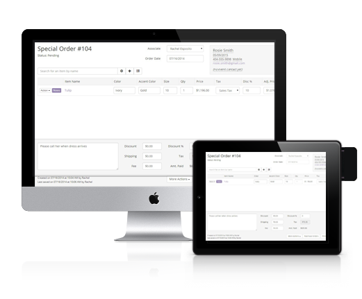 Desktop and tablet displaying a special order form. The tablet has a payment reader attached.