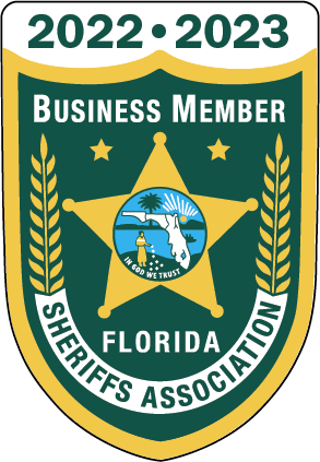 Florida Sheriffs Association Business Member badge, 2022-2023, green and gold, with a star and Florida landscape.