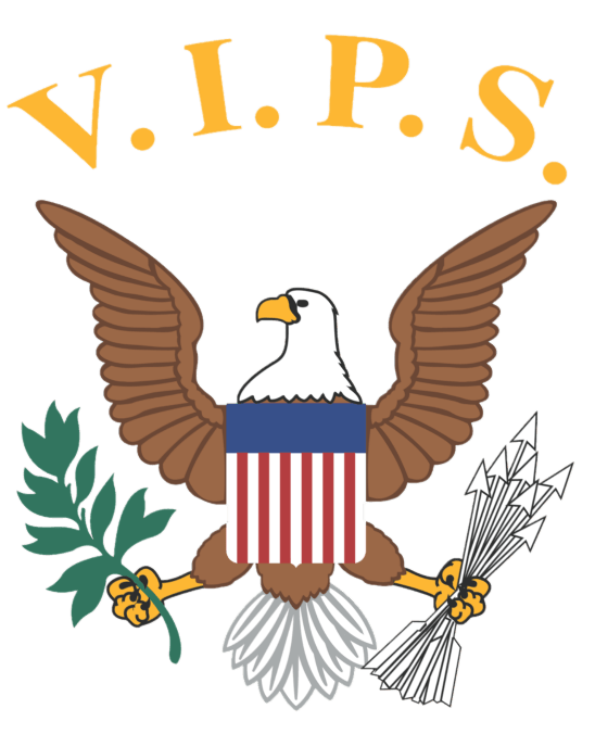 V.I.P.S. logo: Brown eagle with outstretched wings holding olive branch and arrows, US flag on chest.