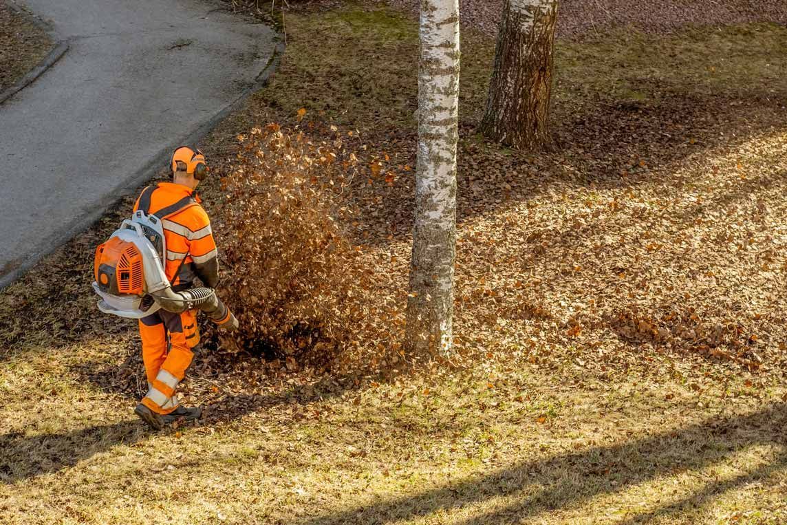Worker in orange safety gear using a leaf blower near a road and trees in autumn