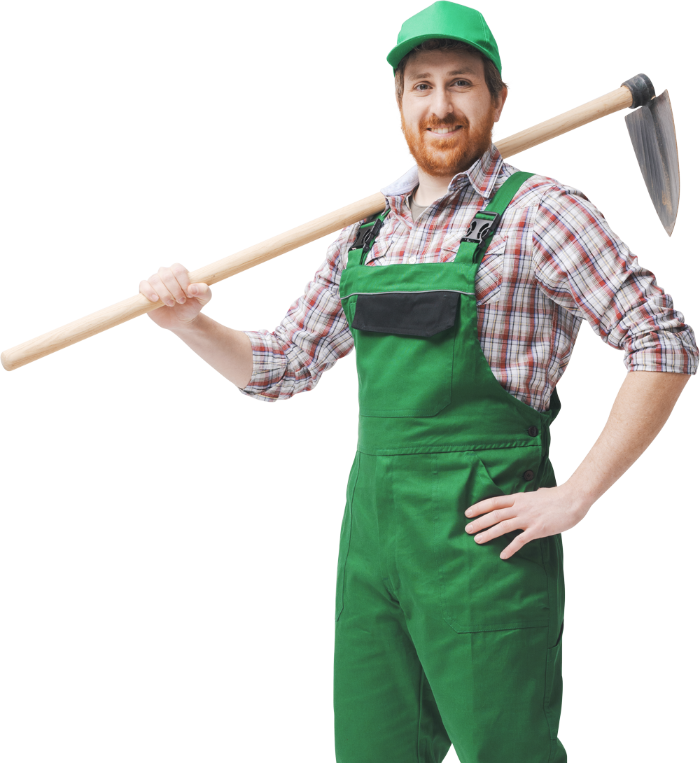 Person in green overalls and cap holding a hoe over their shoulder against a white background