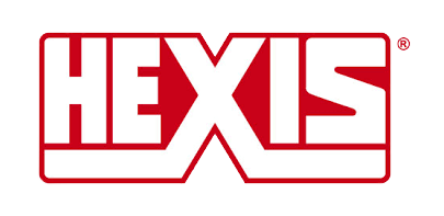 Le logo hexis est rouge et blanc sur fond blanc.